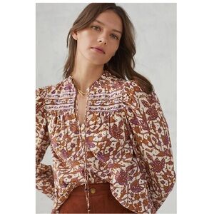 Printed Long-Sleeve Peasant Blouse in Brown and Purple